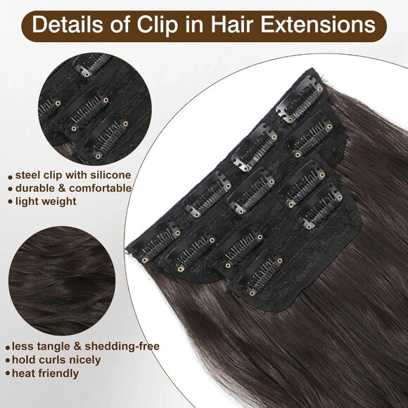 New Clip-in Hair Extensions Dark Brown 4PCS Long Wavy Soft Thick Synthetic - Picture 3 of 6
